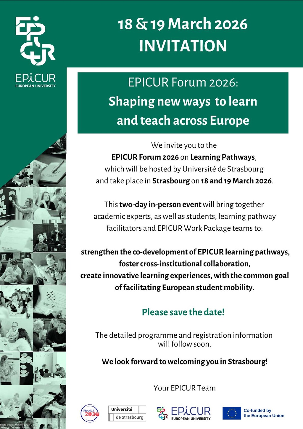 EPICUR Forum 2026 Einladung: Grün/Weiß-Plakat mit Datum 18-19 März 2026 und Logo.