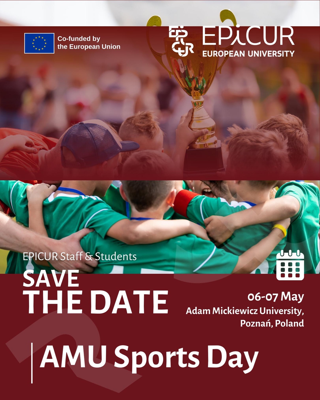 AMU Sports Day banner: team huddle, trophy, students, EPICUR logo, event details.