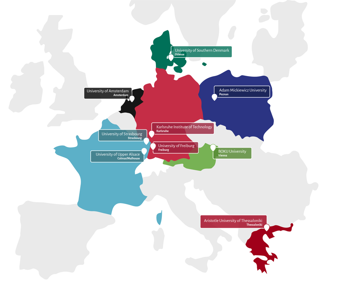 Map of Europe highlighting locations of key universities including Amsterdam, Strasbourg, Freiburg, and Thessaloniki.