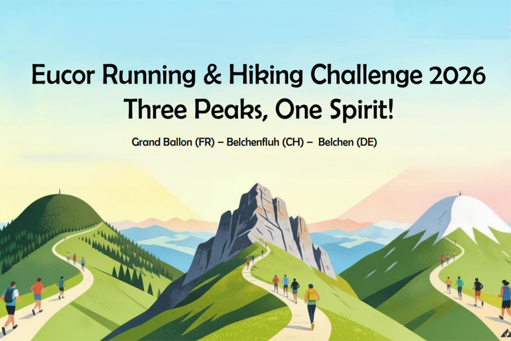 Banner der Eucor Running & Hiking Challenge 2026 mit Illustration von Bergwanderern.