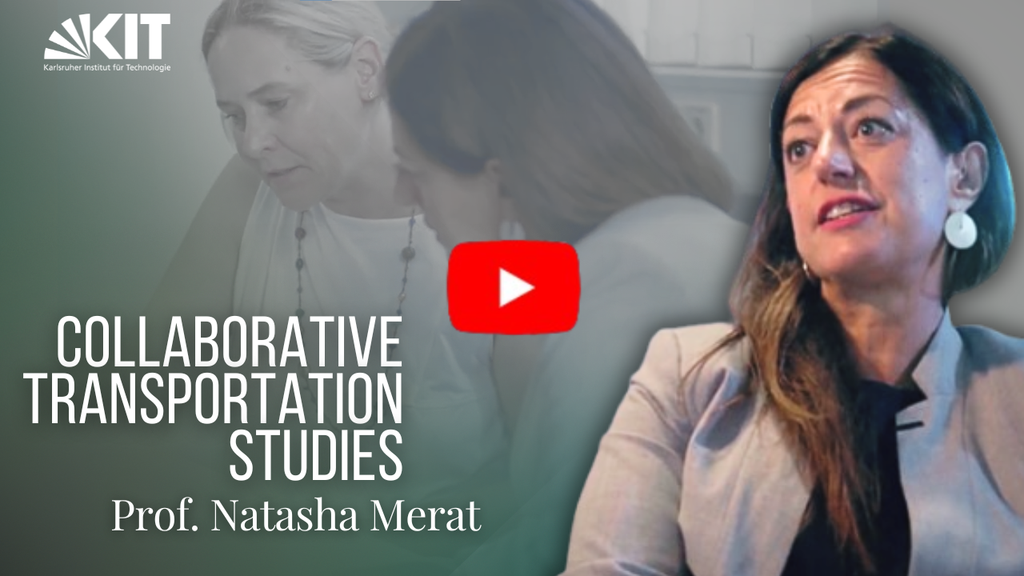 Interview with Prof. Natasha Merat, KIT logo, blurred background, YouTube icon.