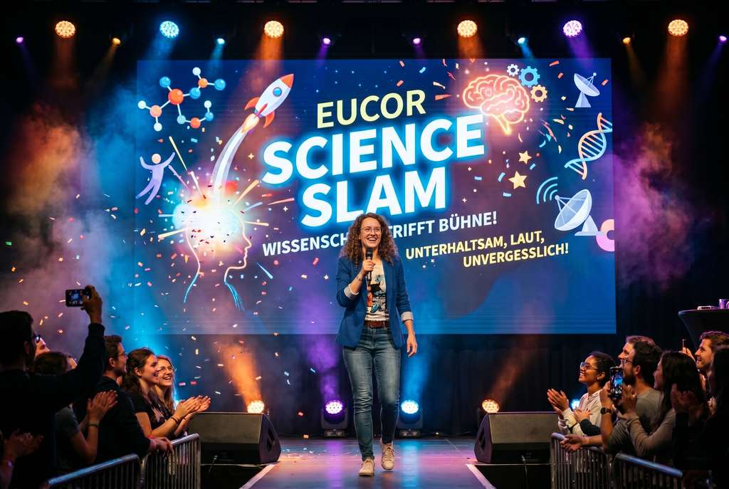 Schaustellerin steht auf Bühne mit Mikro vor Banner „EUCORE SCIENCE SLAM“; Publikum klatscht.