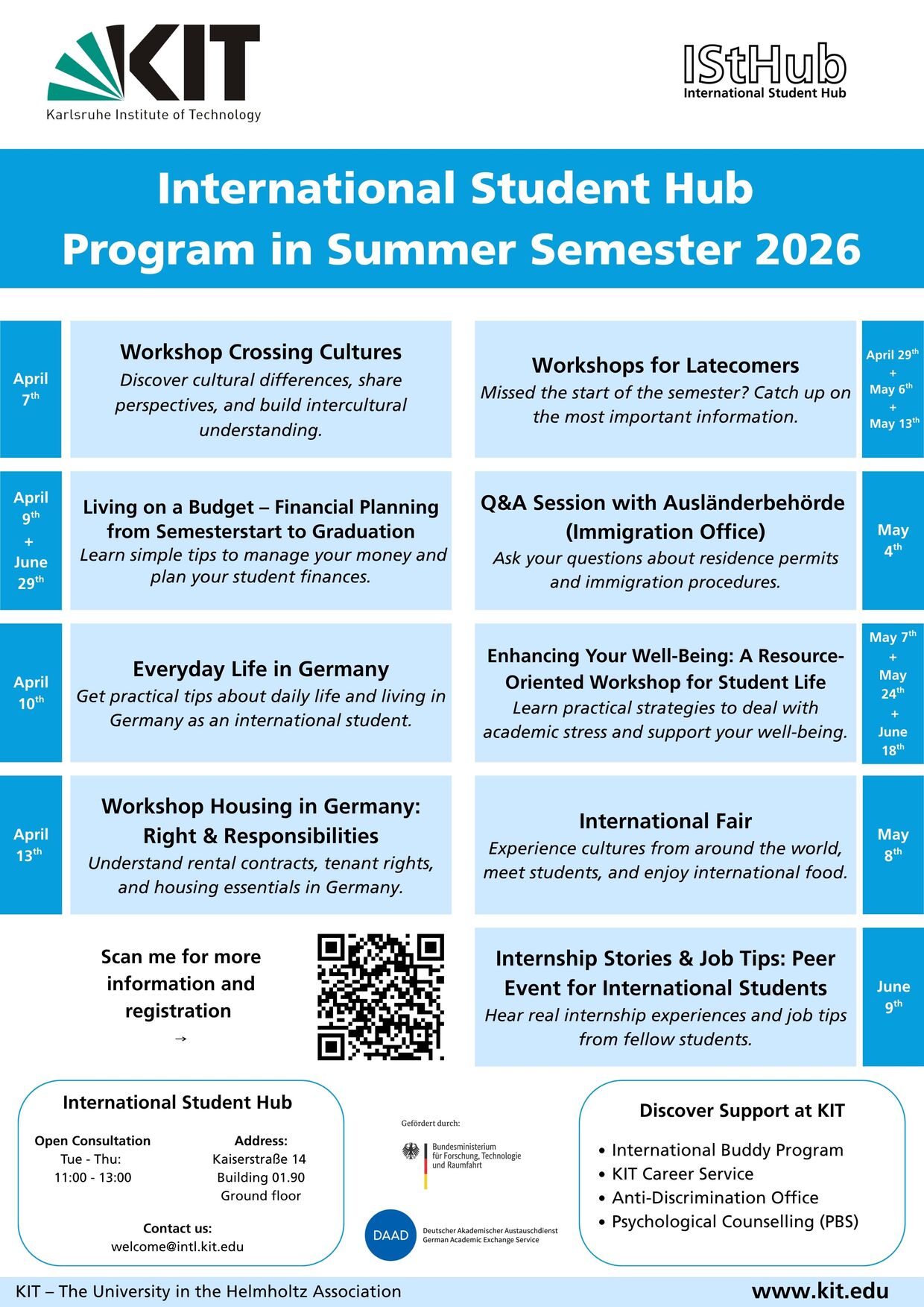 INTL International Student Hub Poster mit Terminen und Workshops am KIT, IStHub-Logo, QR-Code.