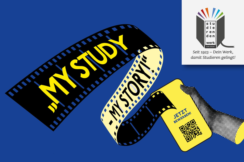 Filmstreifen mit "MY STUDY, MY STORY", QR-Code und Studierendenwerk Karlsruhe-Logo.