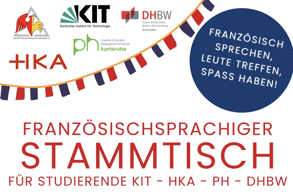 Französischer Stammtisch für Studierende in Karlsruhe, Logos und Wimpel-Dekor.