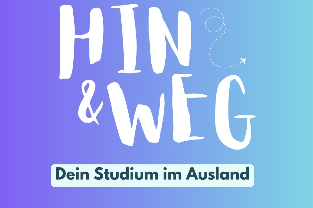 Schriftzug „Hin & Weg – Dein Studium im Ausland“ auf blau-lila Farbverlauf mit Flugzeug-Icon.