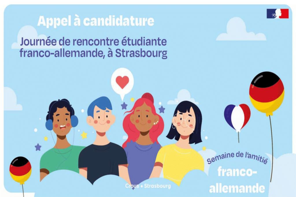 Vier Jugendliche lächeln; französisch-deutsche Freundschafts-Woche in Straßburg.